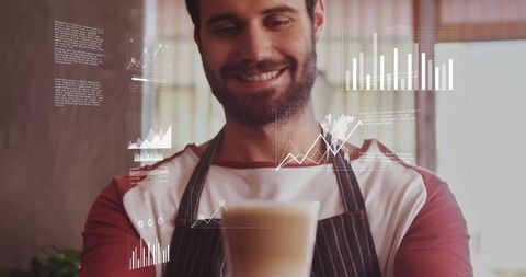 Barista Presenting Layered Latte with Floating Data Visualizations