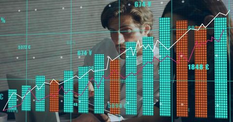 Reviewing financial analytics on laptop with rising bar and line charts, team collaborating