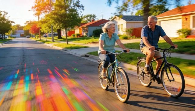 Sunlit senior couple cycling through suburban street with vivid color motion streaks
