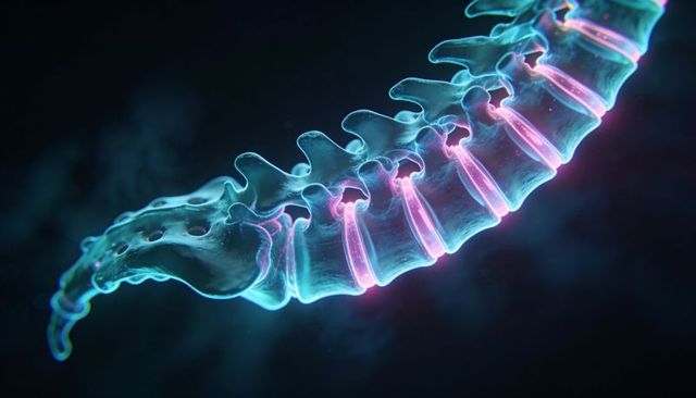 Translucent futuristic spine segment with neon intervertebral discs and glowing mist