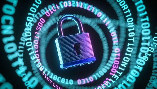 Neon Padlock Surrounded by Binary Spiral Representing Cybersecurity and Data Encryption
