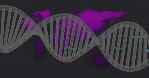 Animated DNA Strand Overlaying Global Map in Purple Tones