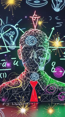 Neon Wireframe Bust Wearing Red Tie with Animated Tech Icons in Vertical Video