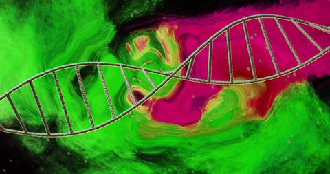 Futuristic DNA Strand Against Vibrant Abstract Background