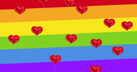 Floating Heart Balloons over Rainbow Pride Background
