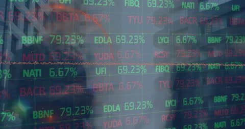 Digital Stock Market Display Overlaying Urban Scene