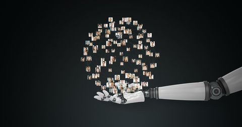 Robotic hand showcasing digital network of profile images