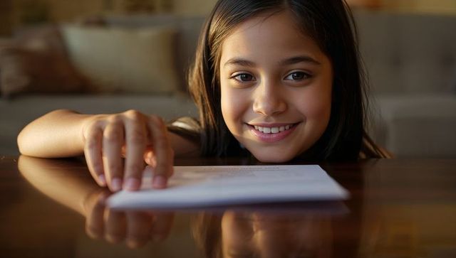 Smiling preteen girl leaning on wooden table touching paper warm cozy home moment closeup