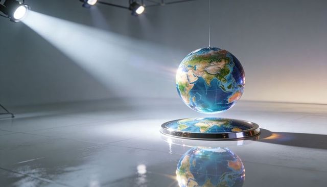 Levitating earth globe rotating above reflective metal base under studio spotlight