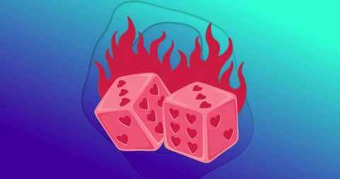Romantic Flaming Dice with Heart Pips on Colorful Gradient Background