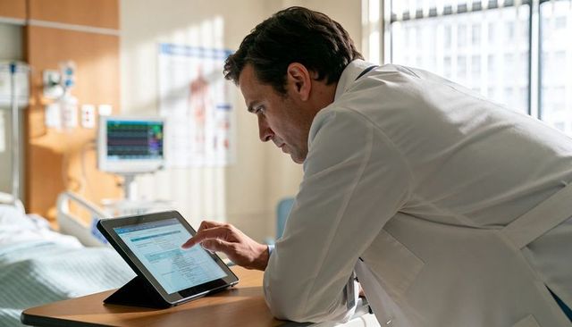 Physician reviewing ehr on tablet in hospital room with stethoscope and monitor
