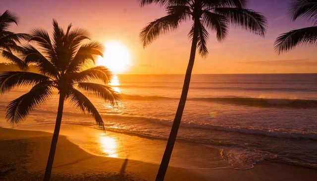 Palm trees framing golden sunset over reflective tropical beach shoreline