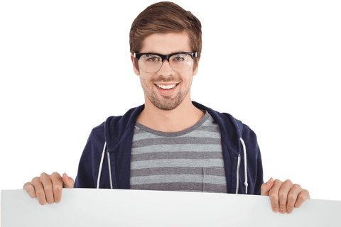 Smiling Man with Glasses Holding Blank Transparent Sign - Download Free Stock Videos Pikwizard.com