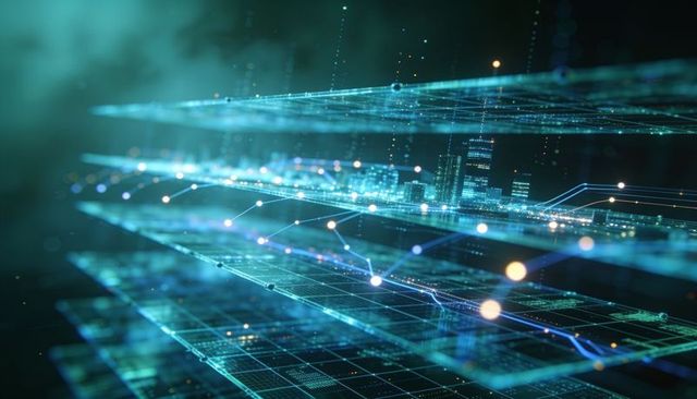 Holographic layered data grid over glass city model showing network nodes and light trails