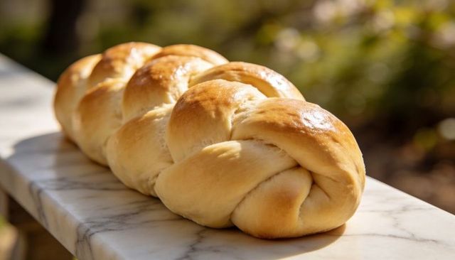 Golden braided challah loaf on marble countertop, sunlight highlighting glazed crust