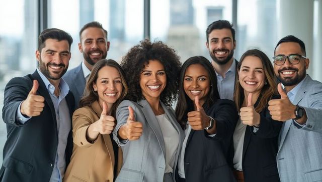 Diverse Business Team Giving Thumbs Up in Modern Office