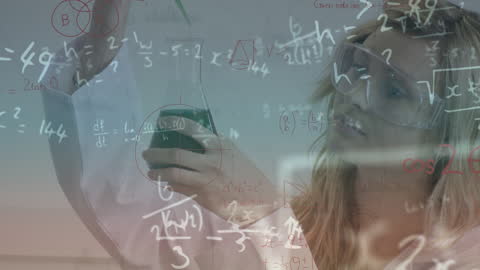 Inspired Female Scientist Conducting Lab Experiments with Equations