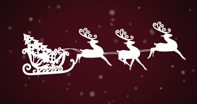 White Santa Sleigh with Reindeer on Snowy Burgundy Background - Download Free Stock Images Pikwizard.com