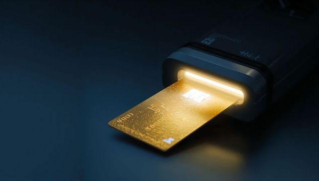 Gold credit card sliding into illuminated card reader showing emv chip and glowing led light