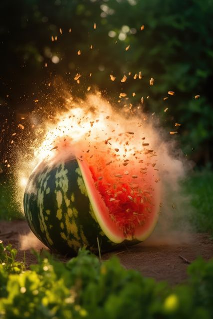 Close up of watermelon exploding in garden created using generative ai technology. Explosion and fruit concept digitally generated image.