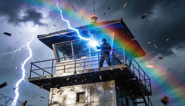 Watchtower guard channeling blue energy rifle lightning amid thunderstorm and rainbow