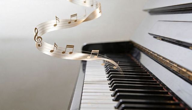 Golden musical ribbon rising from piano keys elegant melody concept for music design