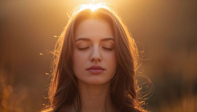 Young woman meditating with eyes closed, basking in golden-hour backlit meadow soft glow