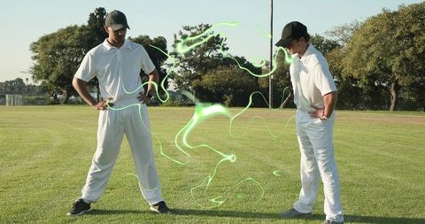 Standing cricketers inspecting glowing green energy swirl on cricket pitch in white kits black caps