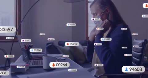 Woman in Face Mask at Desk with Social Media Icons Overlay