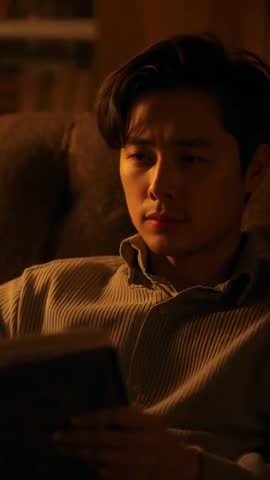 Asian Man Reading, Pausing and Thinking in Armchair Under Warm Amber Light | Vertical Video