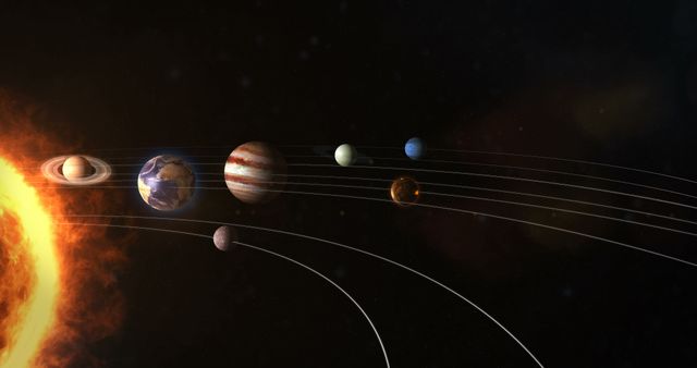 Depicts planets of the solar system orbiting around the sun. Ideal use for educational materials, astronomy presentations, science blog articles, and children's learning resources.