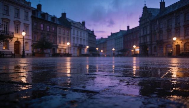 Wet cobblestone historic square at dusk reflecting lantern glow and violet twilight