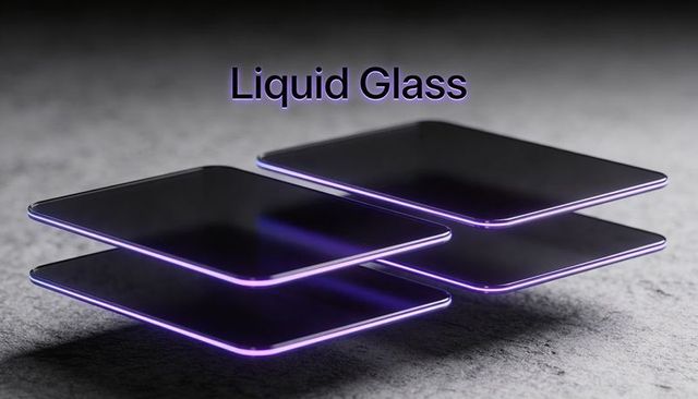 Floating liquid glass panels with neon purple edge glow for futuristic tech background