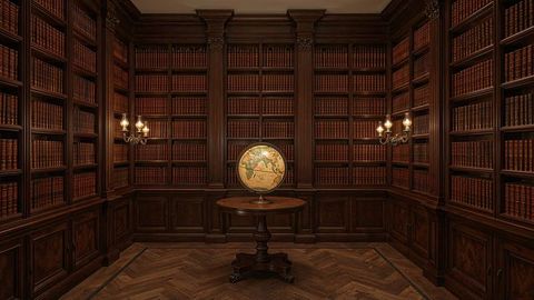 Antique british empire globe turning in library with leather-bound books