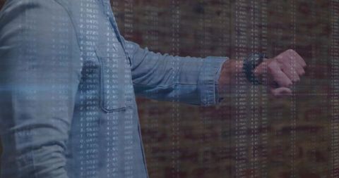Man Reaching with Smartwatch and Digital Financial Data Overlay Wearing Denim Shirt