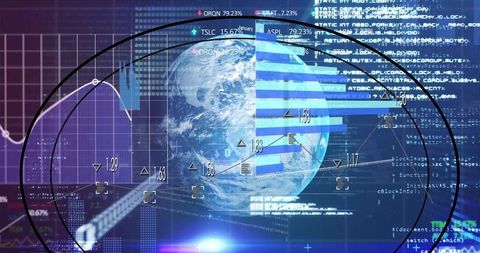 Futuristic digital analytics interface encircled earth