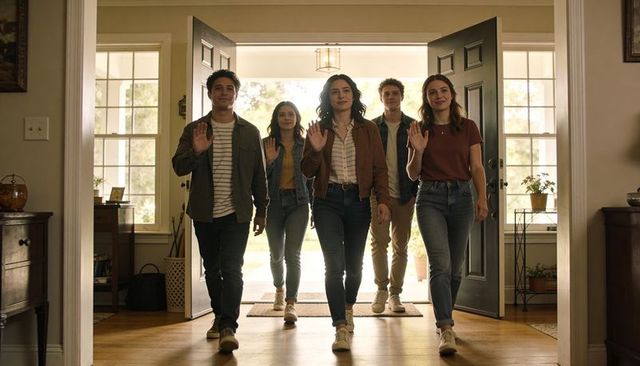 Five friends entering bright home raising hands greeting visitors in sunlit foyer