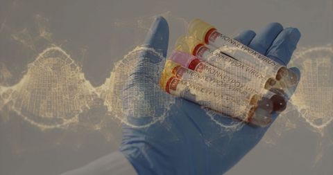 DNA Strands Over Hand Holding Test Tubes with Blood Samples