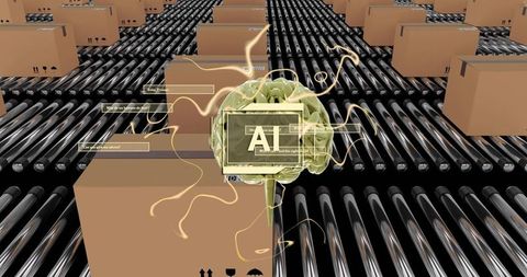Hovering ai brain guiding automated warehouse conveyors and smart logistics packaging