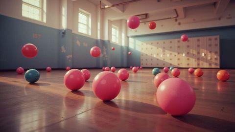 Pink dodge ball floating in sunlit gym environment