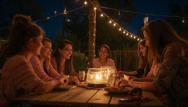 Friends sharing cozy backyard dinner under string lights and candlelit jars