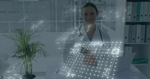 Smiling clinician holding smartphone with holographic data overlay in telehealth office
