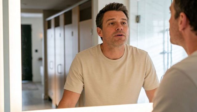 Man examining reflection in bathroom mirror during morning grooming routine
