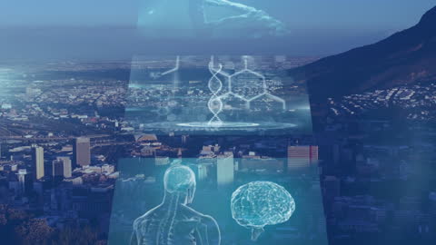 Futuristic Science Data Interface Over Urban Landscape