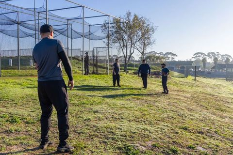 Sunlit Baseball Team Practicing on Grassy Slope Beside Batting Cage in Morning