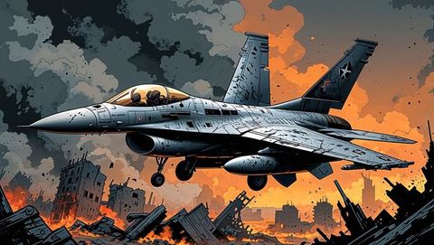 Two-seat f16 fighter jet flying over war-torn cityscape