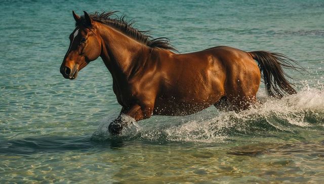 Bay horse galloping through shallow turquoise sea at sunset
