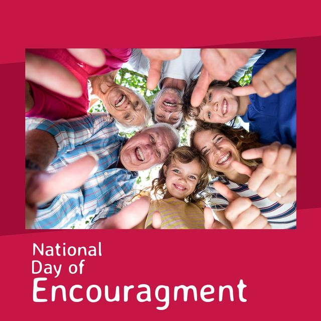 Multigenerational family showing thumbs up while celebrating National Day of Encouragement. Useful for promoting family values, positive messages, and community events. Ideal for articles, social media posts, and advertisements promoting encouragement and togetherness.