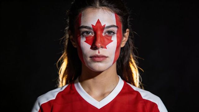 Posing with maple leaf face paint wearing canadian jersey under dramatic studio backlight