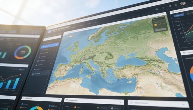 Geospatial dashboard showing topographic map of europe with analytics charts and widgets